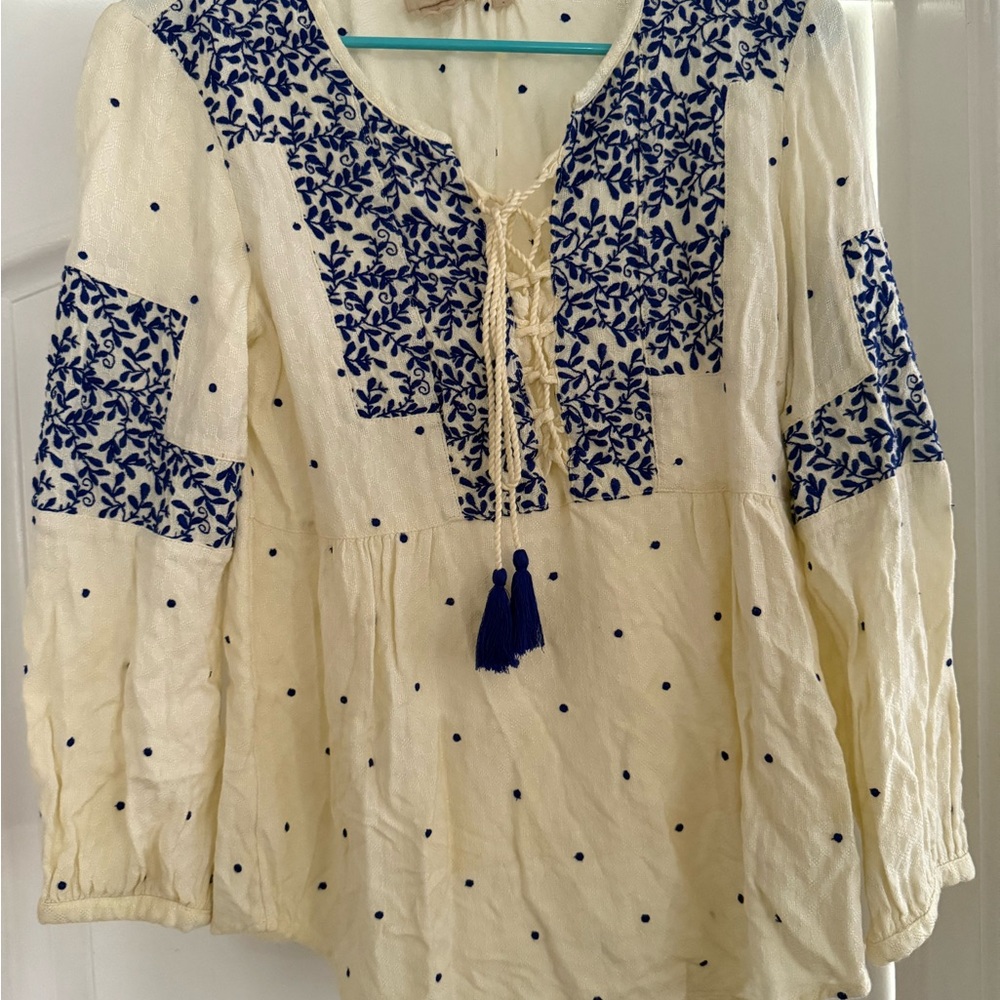 Anthropologie Cream and Blue Embroidered Blouse